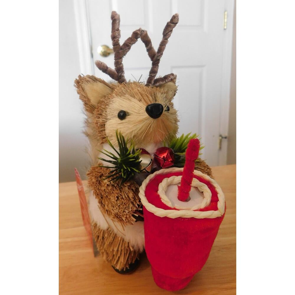 Natural Sisal Squirrel Holiday with Antlers & Hot Cocoa Cup 7.5" Table Decor New